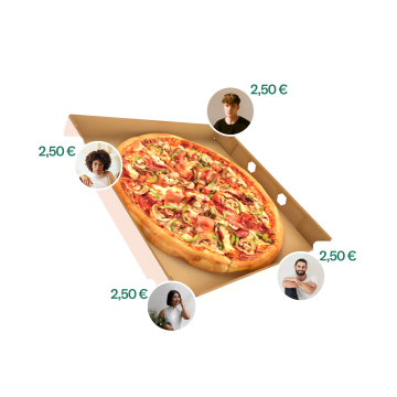 Pizza en una caja y precio dividido por cuatro amigos.