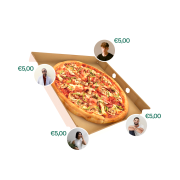 Pizza in a box and price split by four friends.