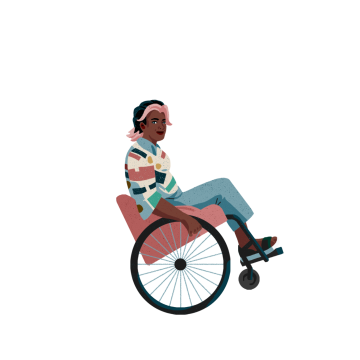 Ilustración de una persona en una silla de ruedas color rosada.