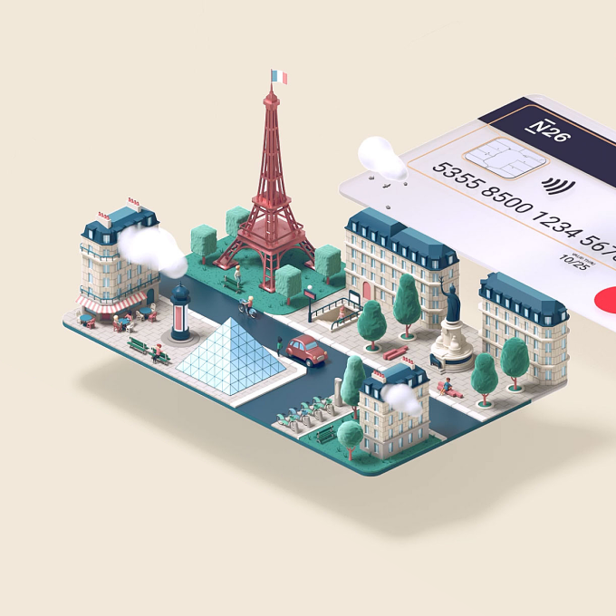 N26 cards and Paris landscape on a card.