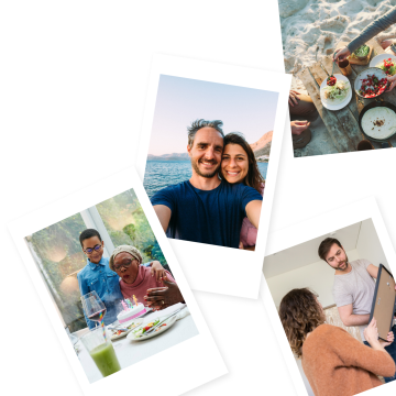 Das Bild zeigt eine Collage aus 4 Fotos mit einer Mutter und einem Sohn, die einen Geburtstag feiern, einem reisenden Paar, einem Abendessen und einem Paar, das ein Zimmer renoviert.