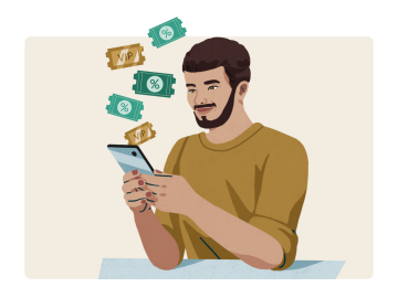Illustration of a person using his mobile and some rewards coming out from the screen. 
