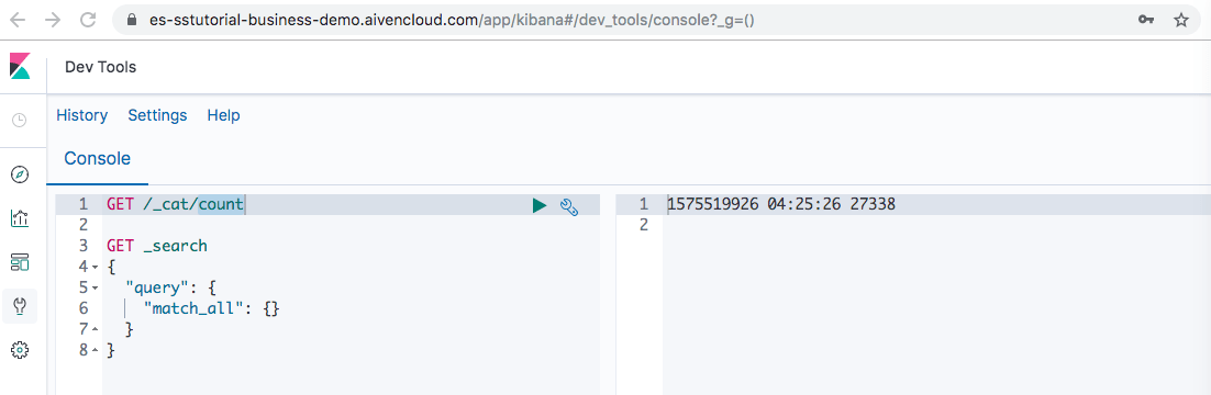 Running Elasticsearch Count and Match all queries from Kibana Devtools