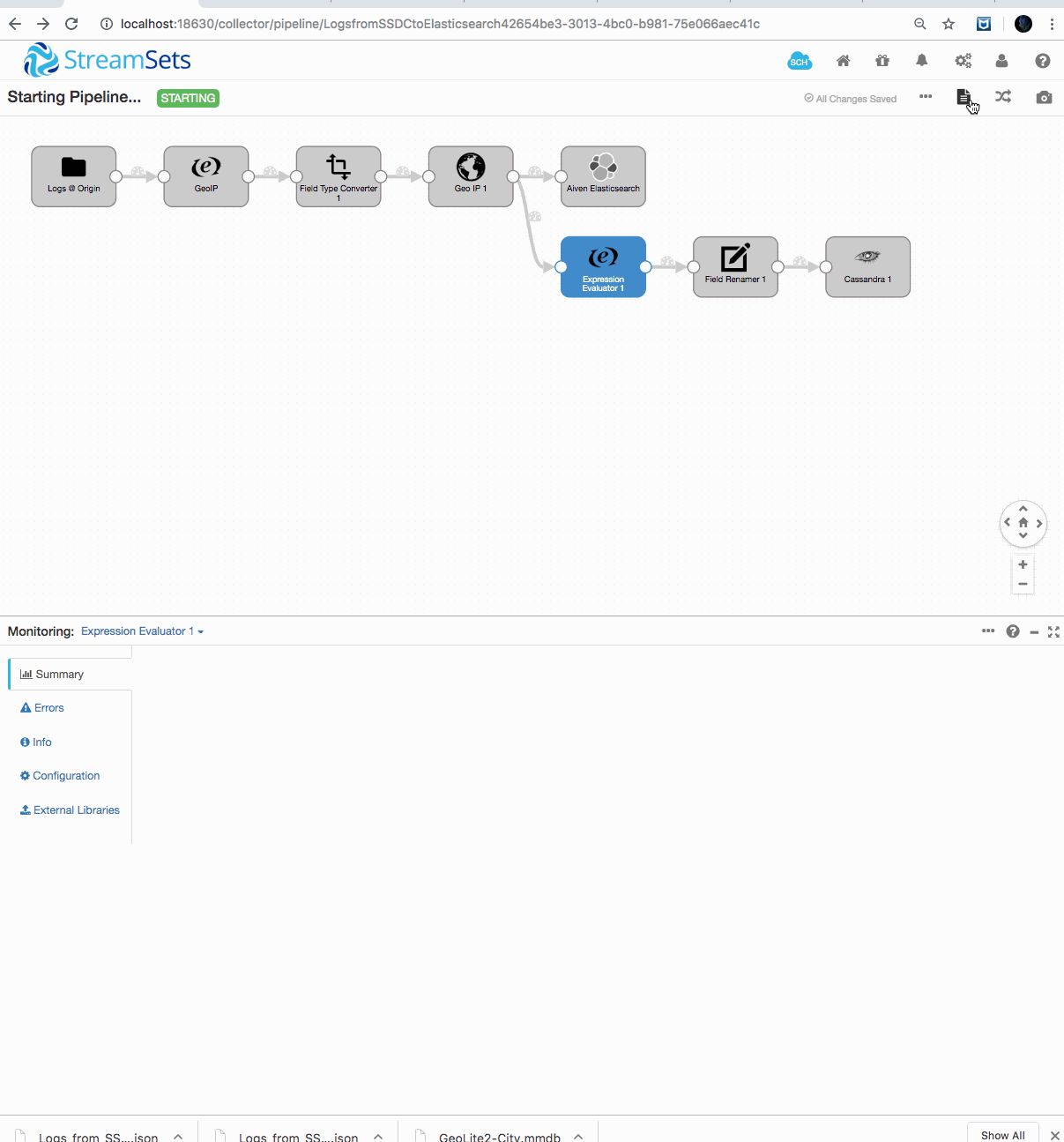StreamSets dual pipeline running with Kibana query