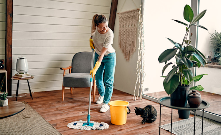 Woman cleaning floor with mop