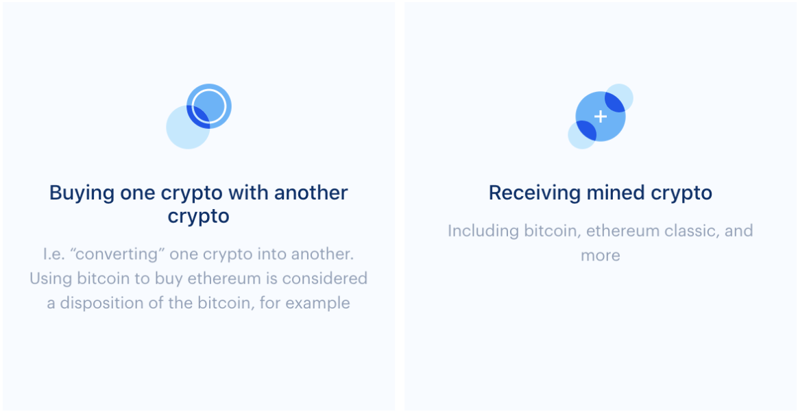 Buying one crypto with another crypto (ie 'converting' one crypto into another. Using bitcoin to buy ethereum is considered a disposition of the bitcoin, for example

 Receiving mined crypto (including bitcoin, ethereum classic and more) 