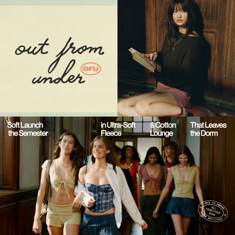 Split image: Woman in checkered outfit lying on grass with text "out from under"; group of young women walking together.
