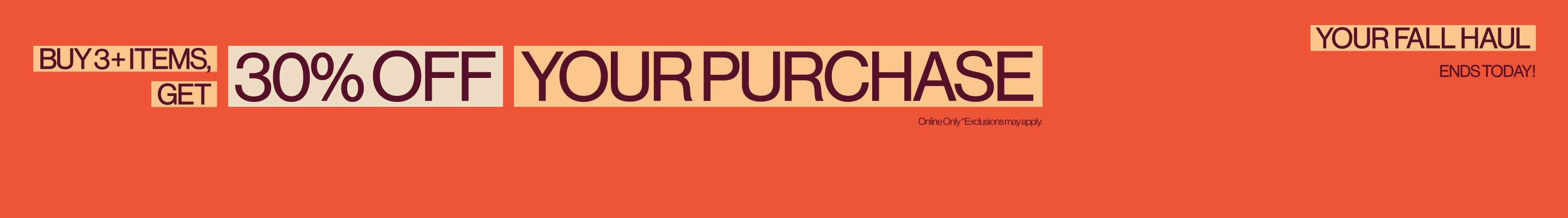 Buy 3+ items, get 30% off your purchase promotional banner on coral background with beige text boxes