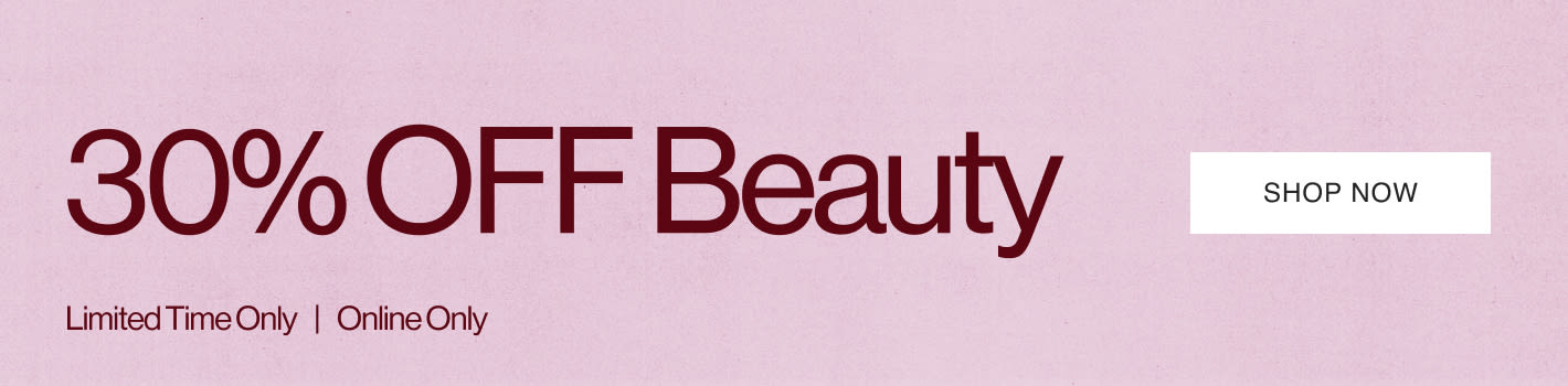 Limited time beauty sale banner showing 30% off with various cosmetic products including skincare jars, lipstick, perfume, and beauty tools on a gradient background.