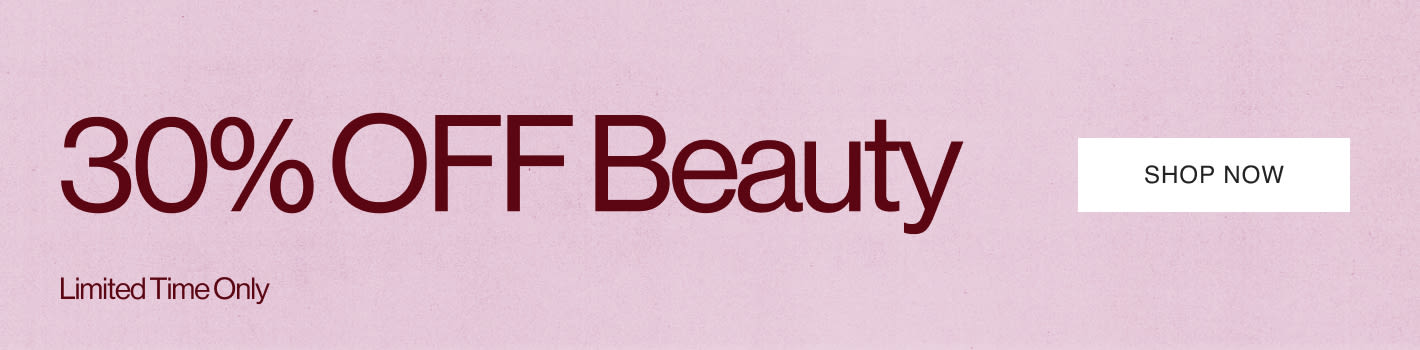 Limited time beauty sale banner showing 30% off with various cosmetic products including skincare jars, lipstick, perfume, and beauty tools on a gradient background.
