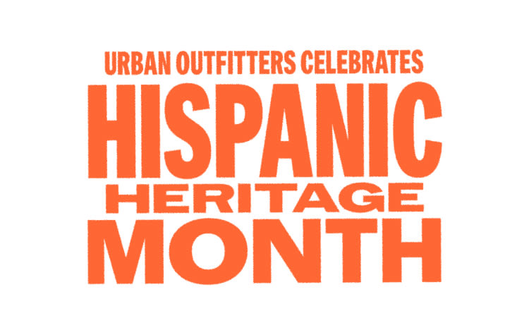 Orange text on white background reading "Urban Outfitters Celebrates Hispanic Heritage Month" in bold typography.