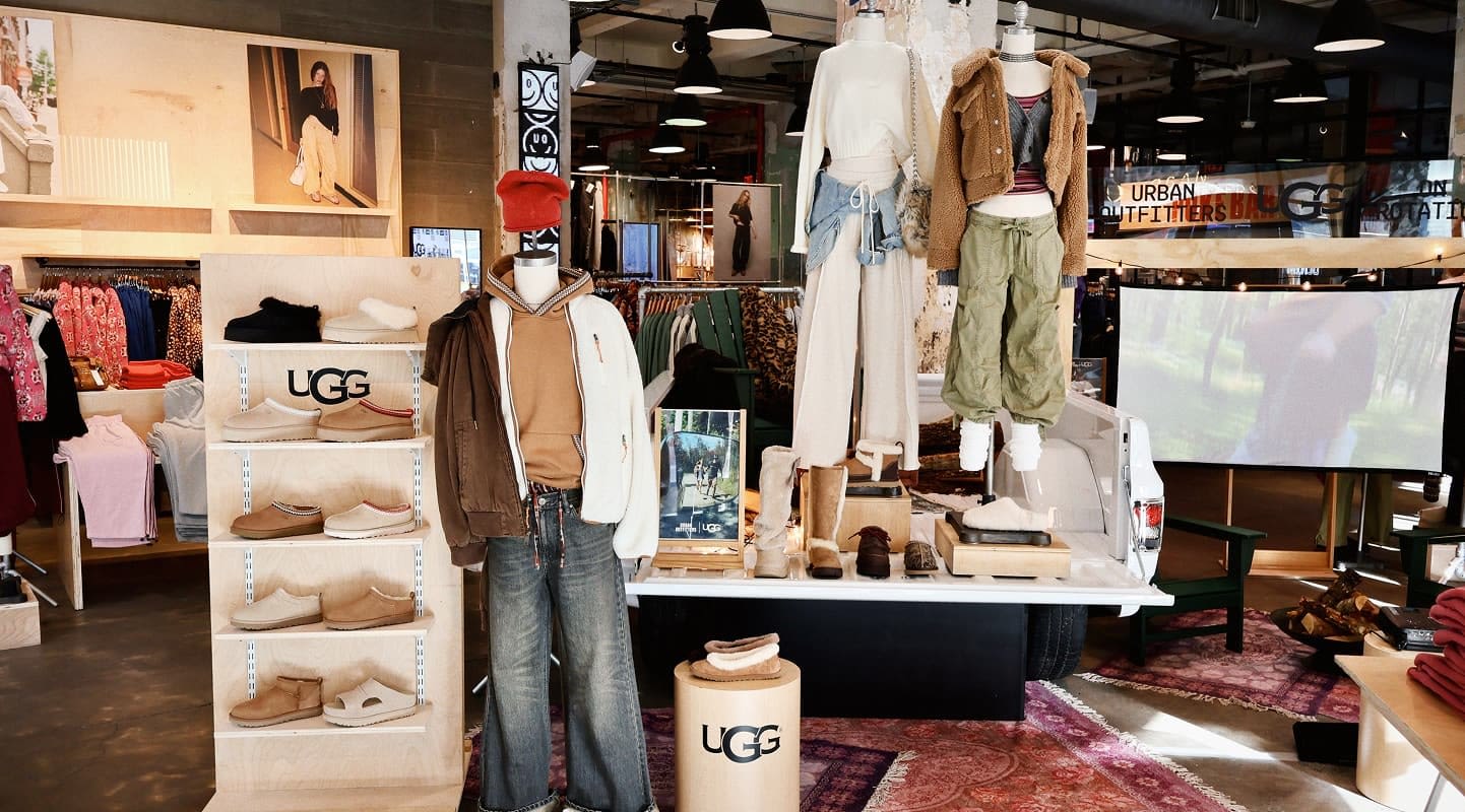 Modern clothing store interior with folded jeans on wooden display table, hanging shirts, and organized shelves with apparel.