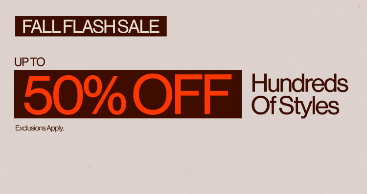 Fall Flash Sale banner advertising up to 50% off hundreds of styles on beige background with brown and orange text.