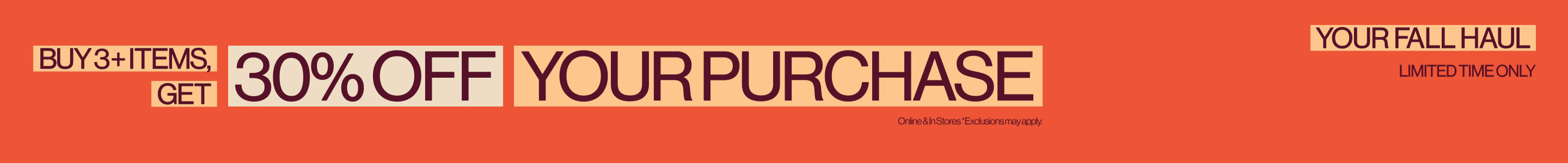 Buy 3+ items, get 30% off your purchase promotional banner on coral background with beige text boxes