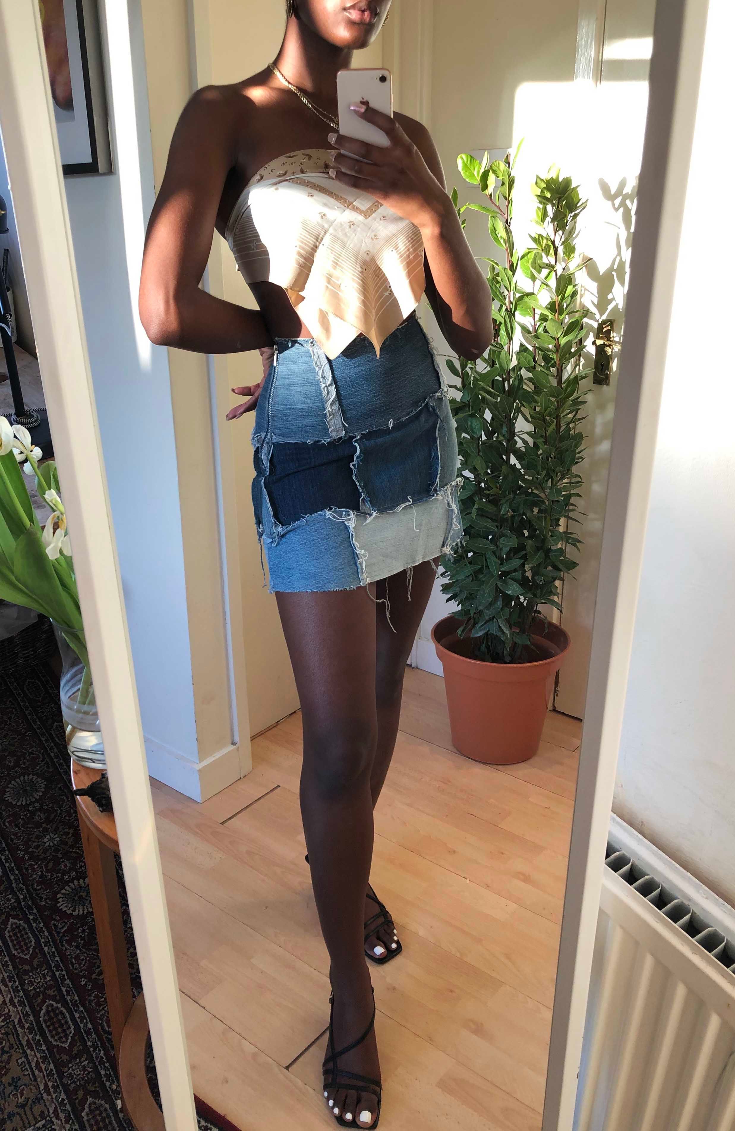 urban renewal patchwork denim skirt