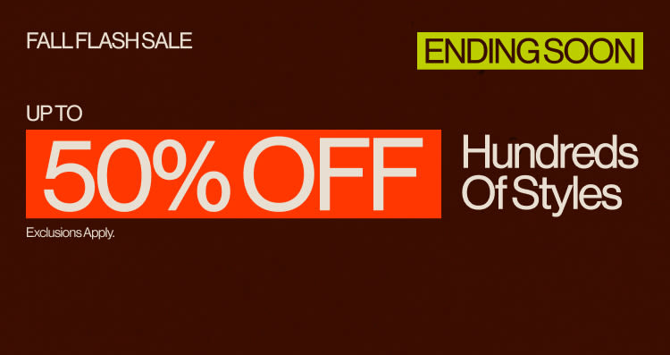 Fall Flash Sale banner advertising up to 50% off hundreds of styles on beige background with brown and orange text.