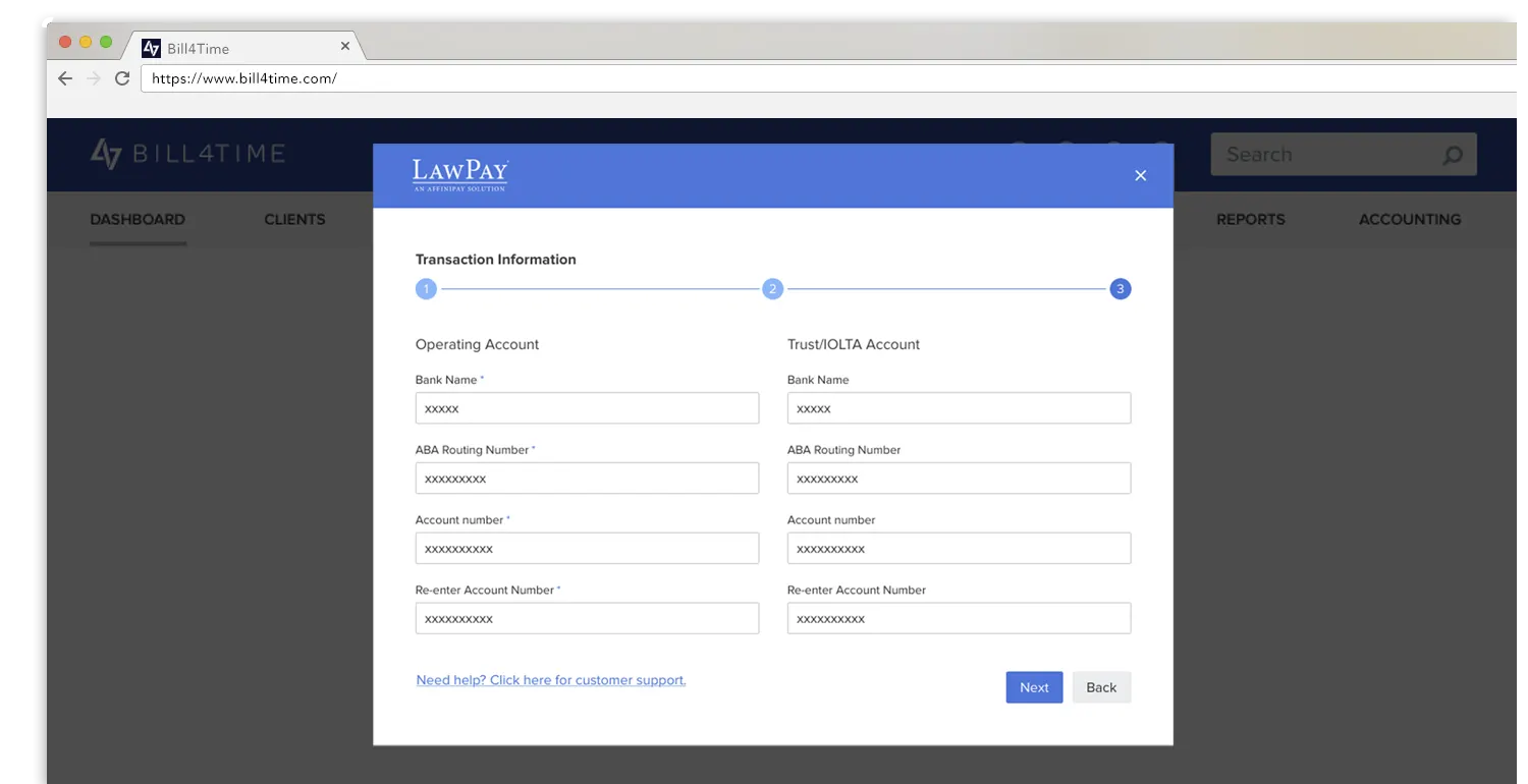 LawPay transaction information in the Bill4Time portal