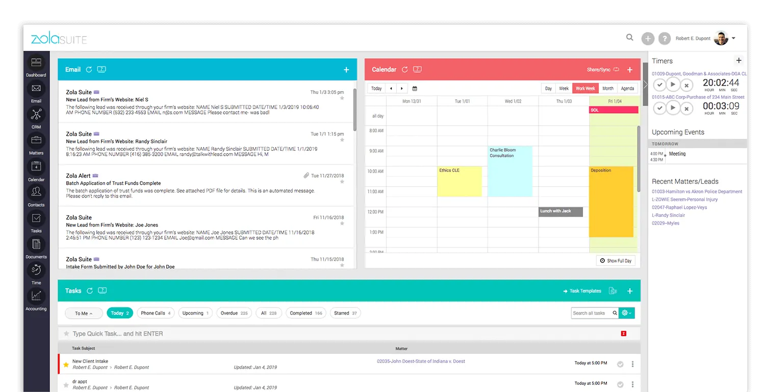 The Zola Suite dashboard showing dedicated sections for email, tasks, and a calendar.