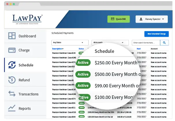 Lawpay's scheduled payments dashboard