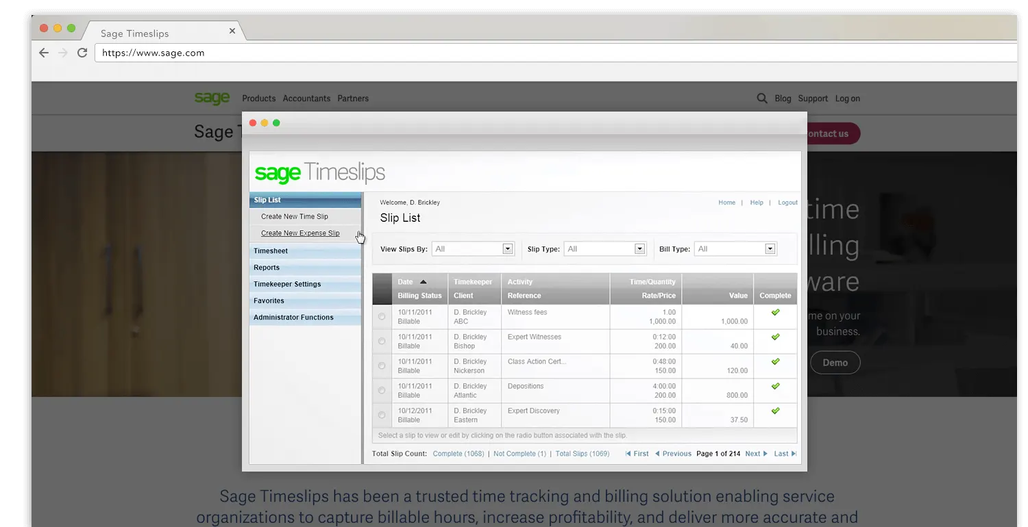 Sage Timeslips timekeeping and billing dashboard