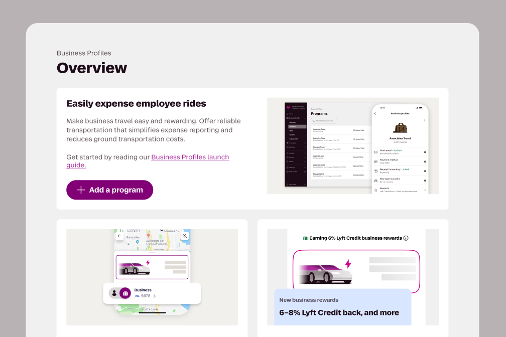 Business Profiles overview page with purple Add a program button and app screenshots.
