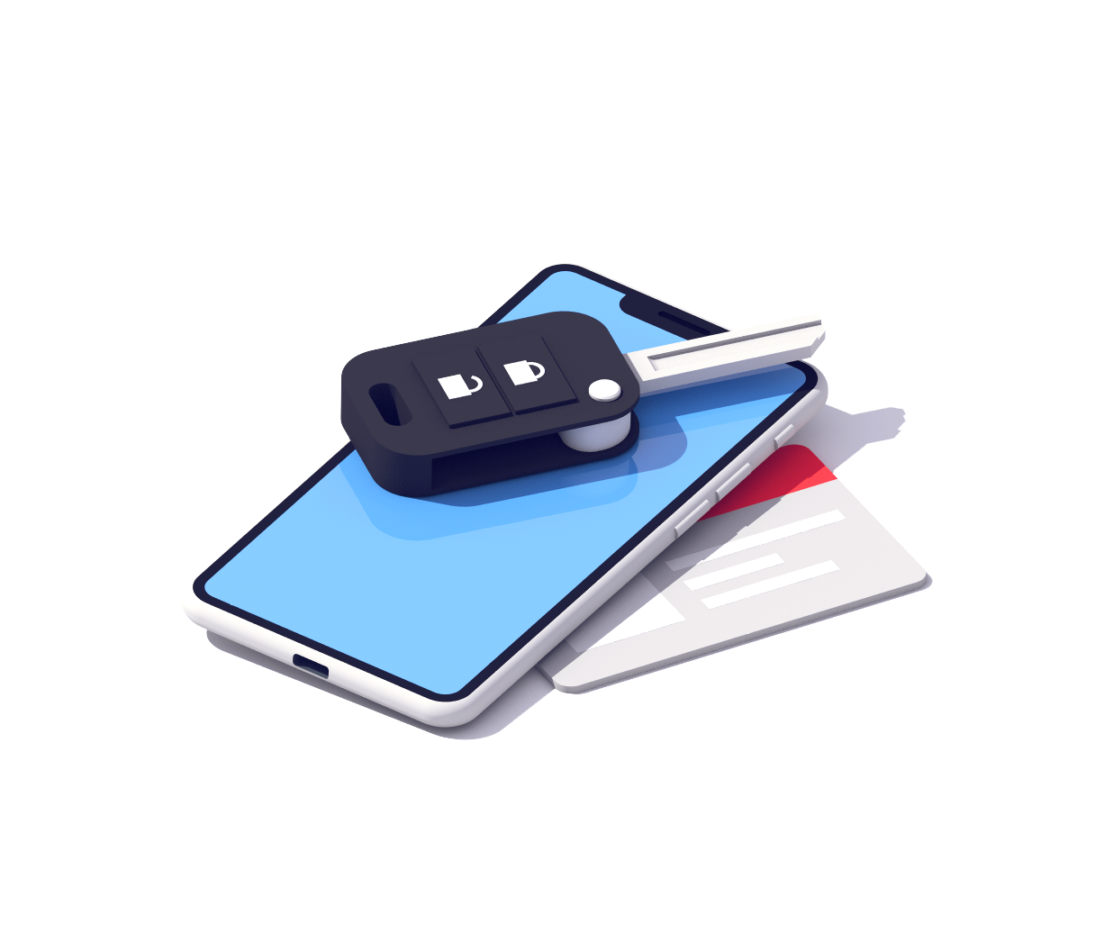 iPhone, car key, and credit card illustration
