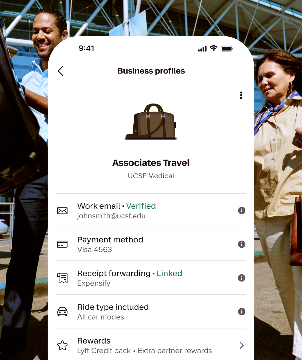 Phone screen showing Business profiles for Associates Travel, with two people at an airport behind.