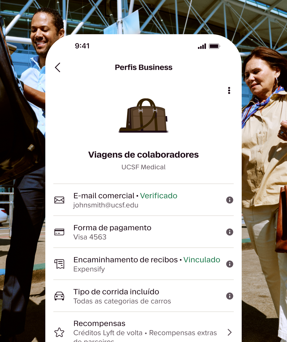 Phone screen showing Business profiles for Associates Travel, with two people at an airport behind.
