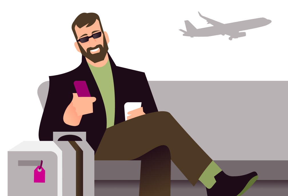 Illustration of bearded man in sunglasses checks phone at airport lounge, suitcase beside him, plane outside