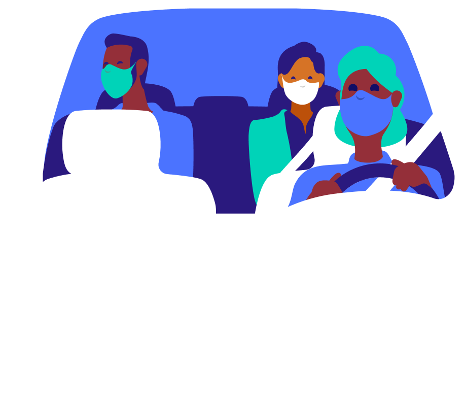 illustration of driver with animals in the back seat