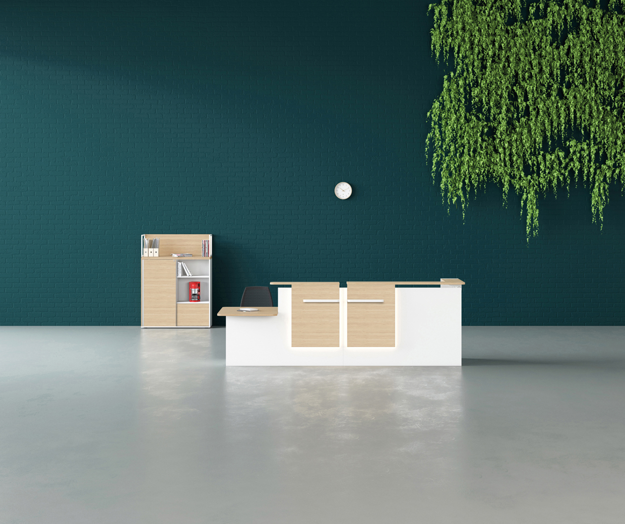 Banque d'accueil GRETA avec armoire et modules juxtaposables.