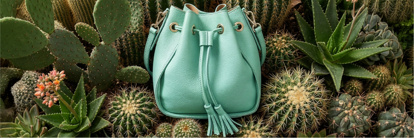 Sac à main en cuir vert menthe avec cordon de serrage et glands sur fond de différents cactus et plantes succulentes