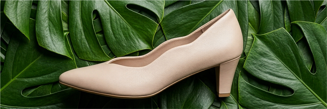Escarpin en cuir beige à talon moyen sur fond de grandes feuilles tropicales vertes