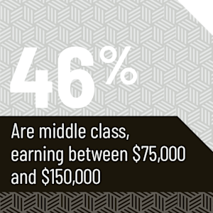 46% are middle class, earning between $75,000 and $150,000