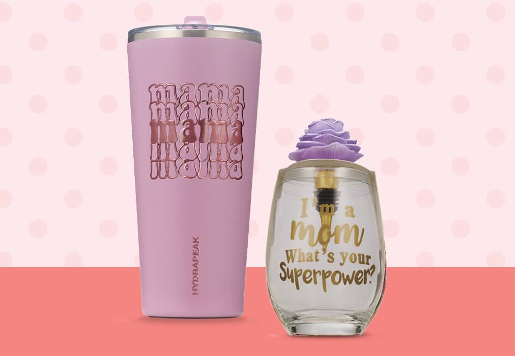 Hydrapeak insulated cup with mama and wine glass with I'm a mom, what's your supepower?