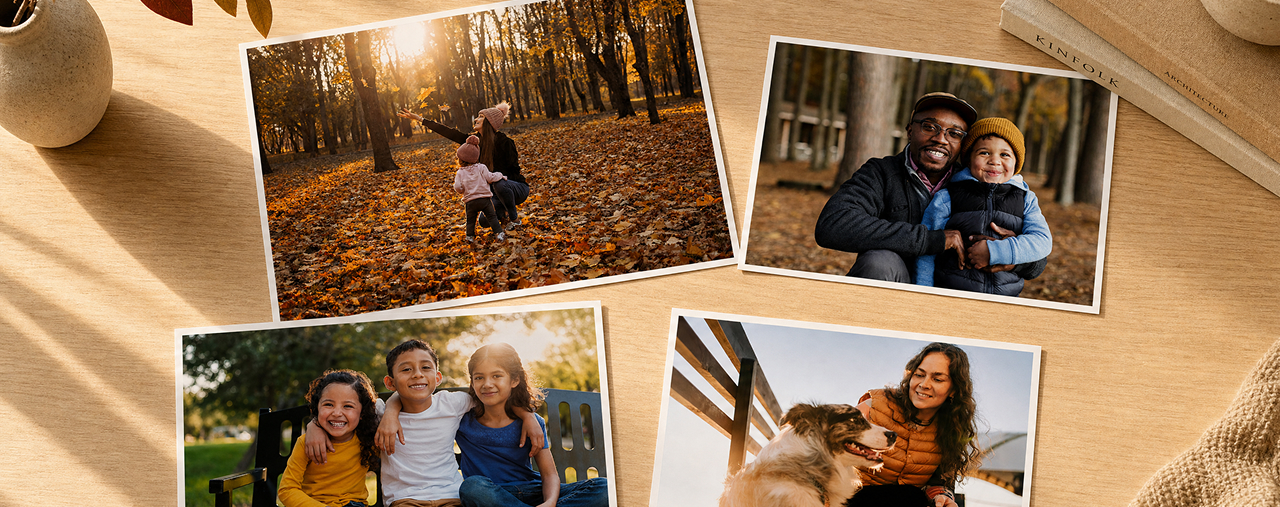40% off select prints. Photo prints of parents and children smiling in front of a fall leaves, young children hugging and smiling on a park bench, and an adult with her dog by a fence with snow in the background.