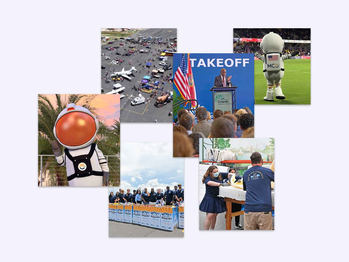 A group of six photos.
1.) Annie the Astronaut mascot standing in front of a palm tree
2.) Aerial photo of Orlando Executive Airport
3.) Lance Lyttle at a podium giving a speech.
4.) A group of MCO employees holding Pack the Plane boxes loaded with food.
5.) Annie the Astronaut mascot standing on a football field.
6.) A group of people packing items.