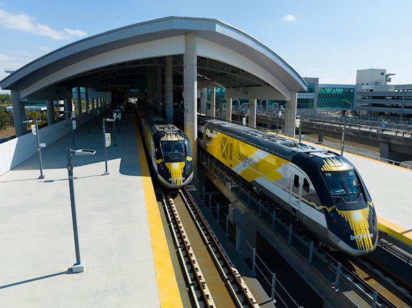 Brightline trains at the MCO Train Station.