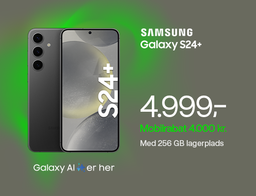 Oplev Galaxy AI med Samsung Galaxy S24+. Du får hele 4.000 kr. i mobilrabat, når du køber den med et 5G-mobilabonnement. 
