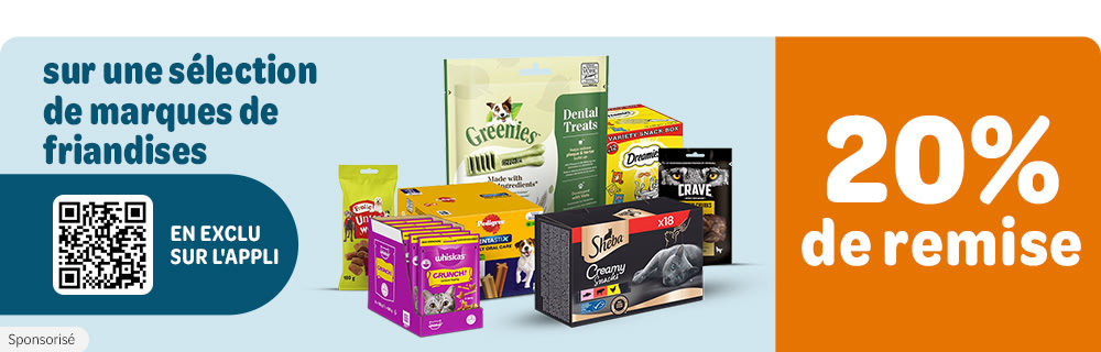 -20 % sur une sélection de marques de friandises en exclu sur l'appli !