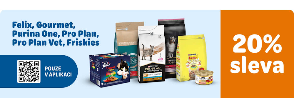 Felix, Gourmet, Purina One, Pro plan, Friskies. Pouze v aplikaci 20% sleva