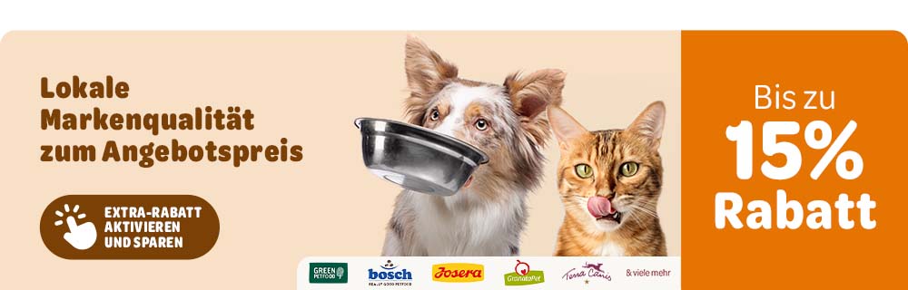 Lokale Markenqualität zum Angebotspreis: Bis zu 15% Rabatt auf Green Petfood, bosch, Josera, GranataPet, Terra Canis & viele mehr.