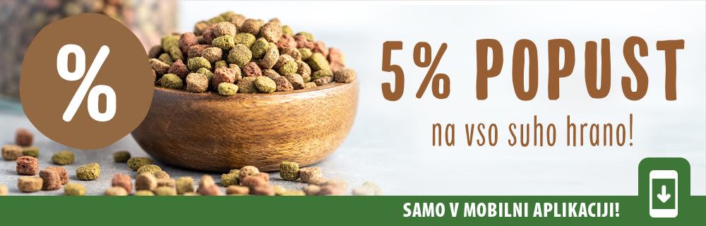 5% popust na vso suho pasjo in mačjo hrano v naši mobilni aplikaciji