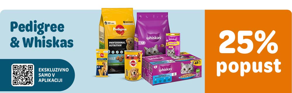 Pedigree in Whiskas. 25% popust. Ekskluzivno samo v aplikaciji.