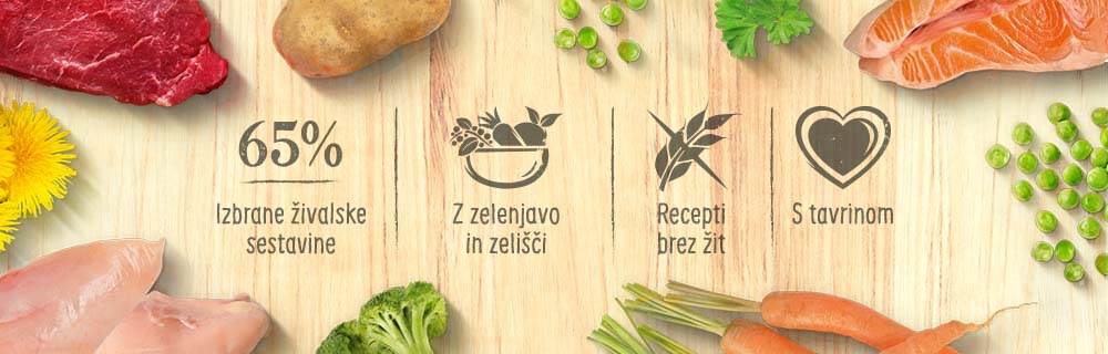 65% izbrane živalske sestavine. Z zelenjavo in zelišči. Recepti brez žit. S tavrinom.
