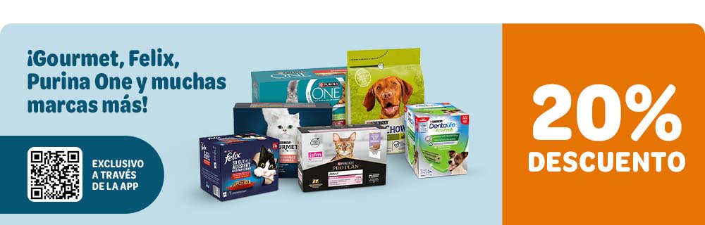 Ahorra un 20 % en Gourmet, Felix, Pro Plan y muchas marcas más a través de la App. ¡Elige Purina para tu peludo!