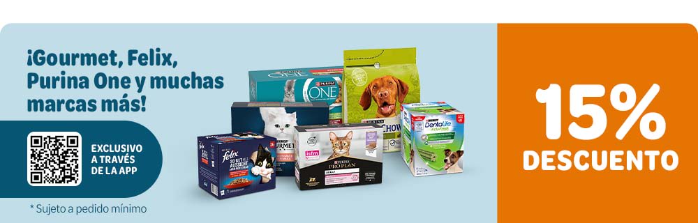 Ahorra un 15 % en Gourmet, Felix, Pro Plan y muchas marcas más a través de la App. ¡Elige Purina para tu peludo!