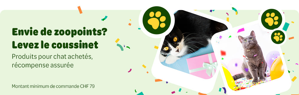 Envie de zoopoints ? Leves le coussinet. Produits pour chat achetés récompense assurée. Montant minimun de commande CHF79