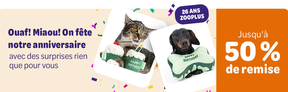 26 ans zooplus. Ouaf! Miaou! On fête notre anniversaire avec des surprises rien que pour vous. Jusqu'à 50% de remise