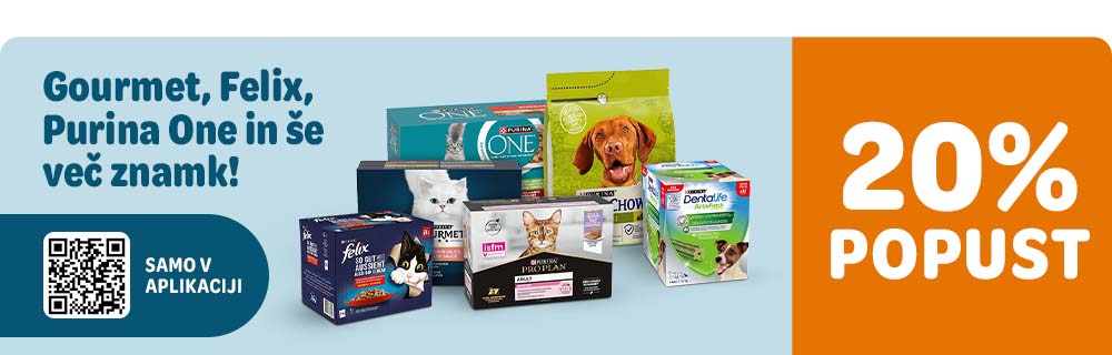 20% popust na Gourmet, Felix, Purina One in še več znamk!. Ekskluzivo samo v aplikaciji